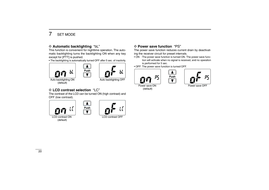 Icom IC-M32 instruction manual Automatic backlighting bL, LCD contrast selection LC, Power save function PS 