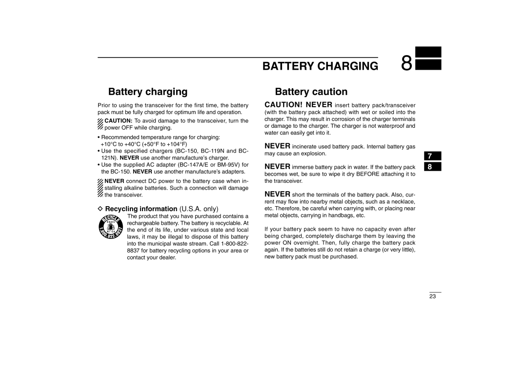 Icom IC-M32 instruction manual Battery Charging, Battery charging, Battery caution, Recycling information U.S.A. only 