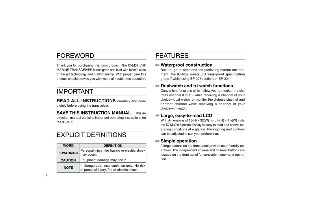 Icom IC-M32 instruction manual Foreword, Word Definition Rwarning 