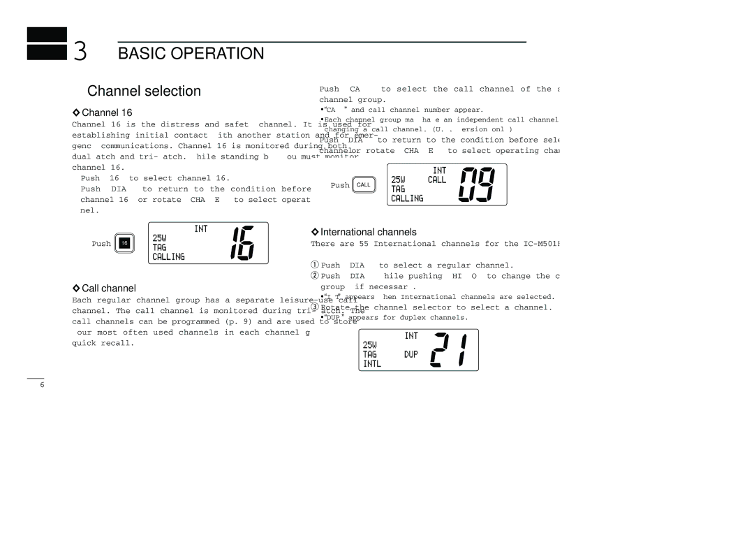 Icom IC-M501EURO instruction manual Basic Operation, Channel selection, Call channel, International channels 