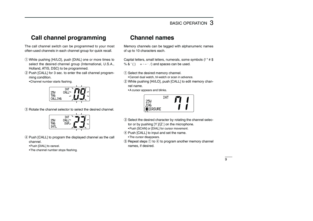 Icom IC-M501EURO instruction manual Call channel programming, Channel names 