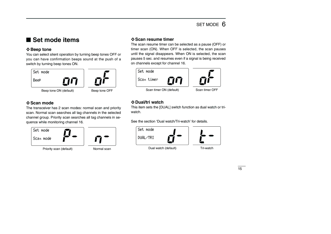Icom IC-M501EURO instruction manual Set mode items, Beep tone, Scan mode, Scan resume timer, Dual/tri watch 