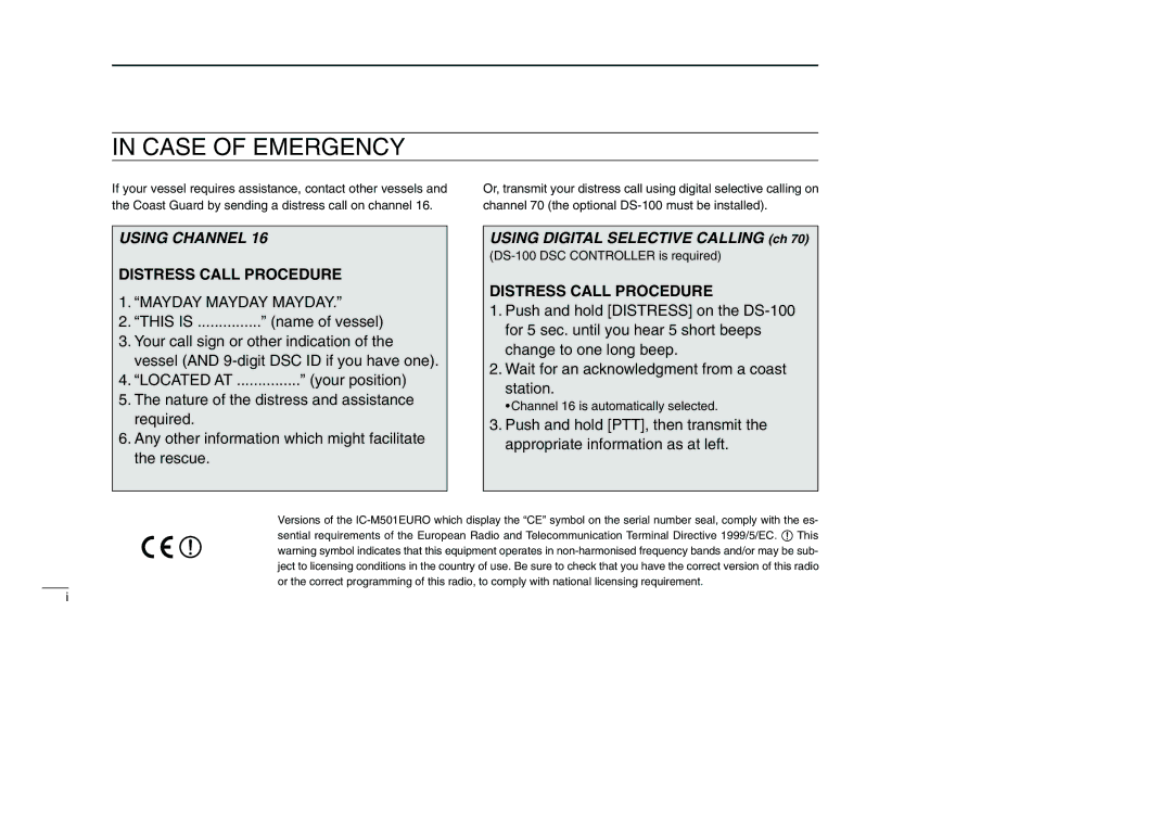 Icom IC-M501EURO instruction manual Case of Emergency 