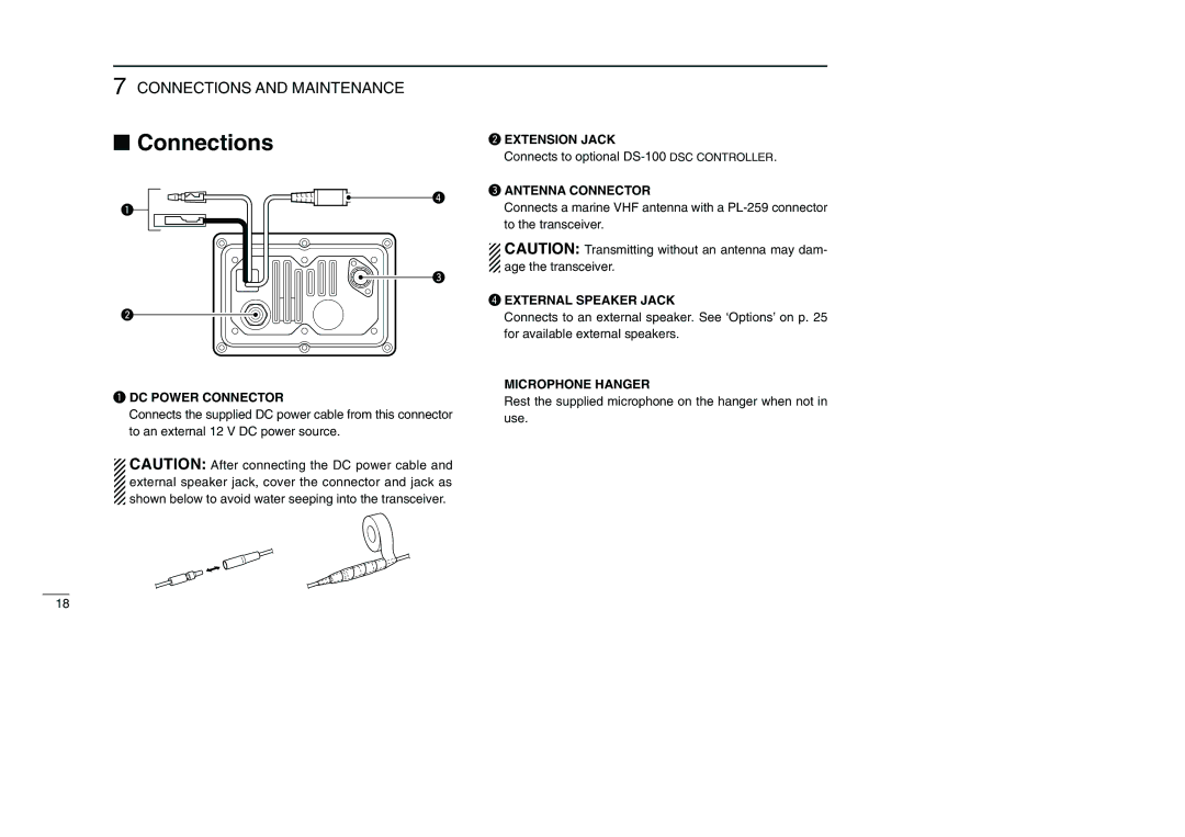 Icom IC-M501EURO instruction manual Connections, Microphone Hanger 