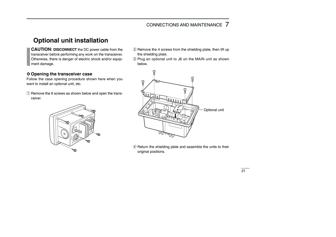 Icom IC-M501EURO instruction manual Optional unit installation, Opening the transceiver case 