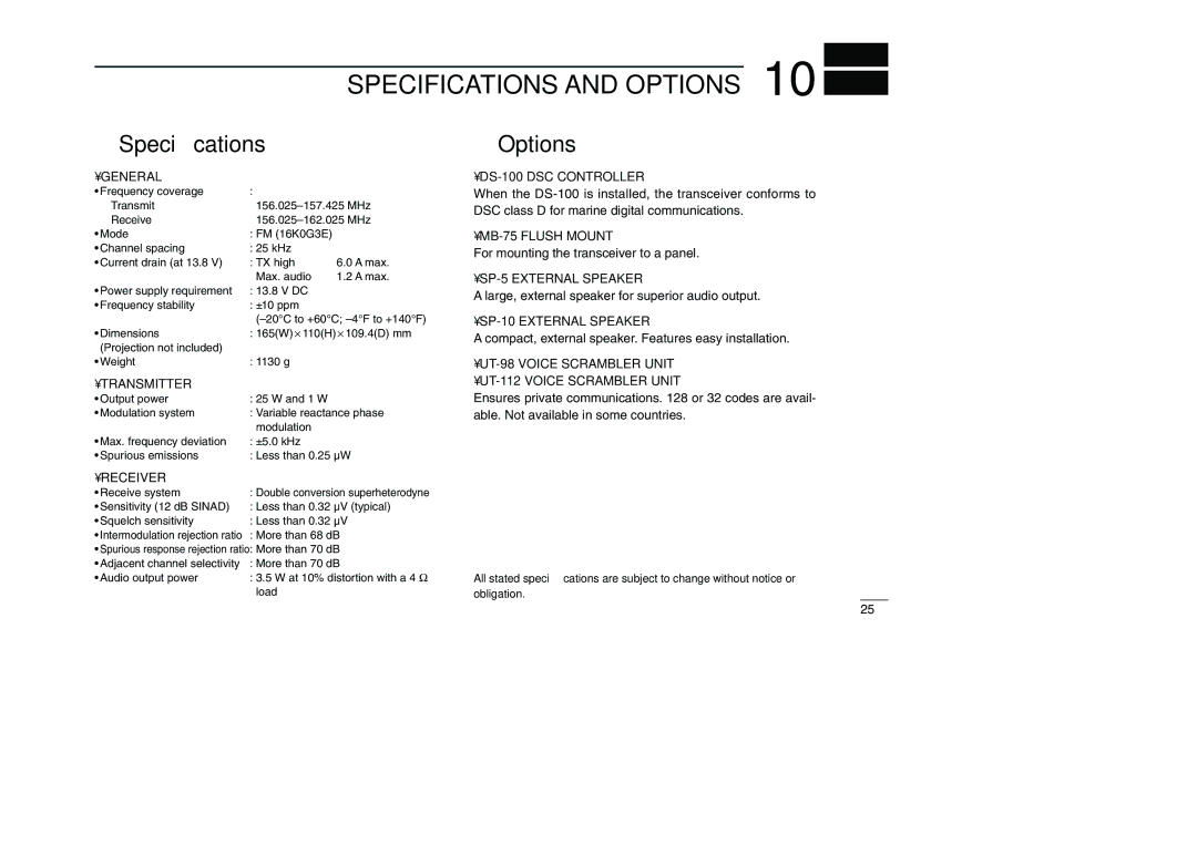 Icom IC-M501EURO instruction manual Specifications and Options, Speciﬁcations 