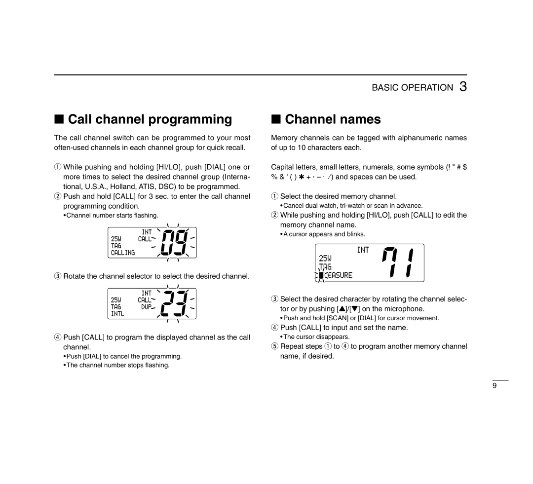 Icom IC-M503 Call channel programming, Channel names, Rotate the channel selector to select the desired channel 