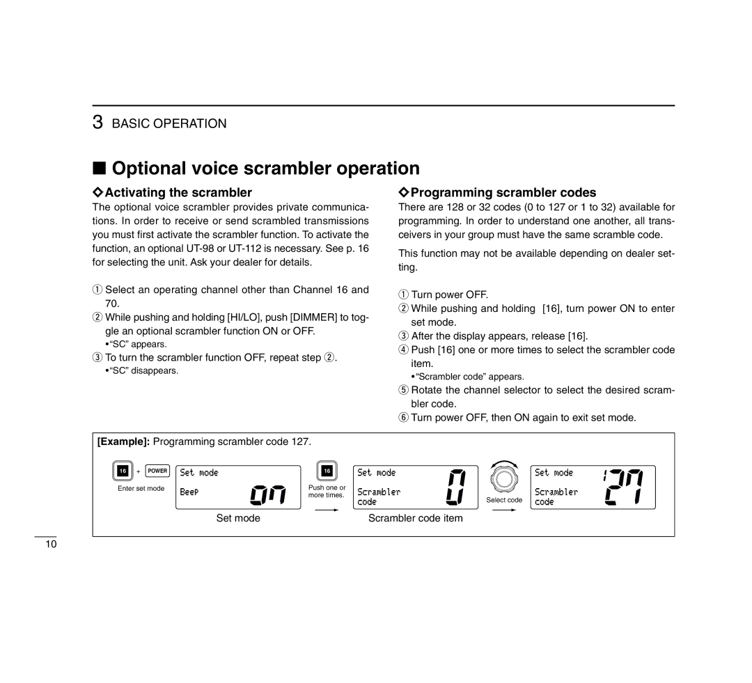 Icom IC-M503 instruction manual Optional voice scrambler operation, Activating the scrambler, Programming scrambler codes 