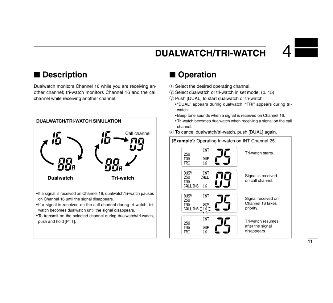 Icom IC-M503 instruction manual Dualwatch/Tri-Watch, Description, Operation, DUALWATCH/TRI-WATCH Simulation, Call channel 