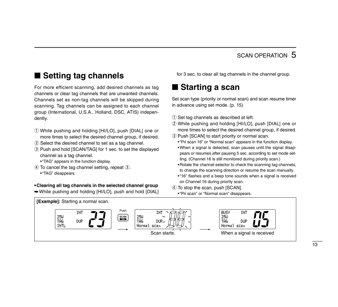 Icom IC-M503 instruction manual Setting tag channels, Starting a scan, Scan Operation 