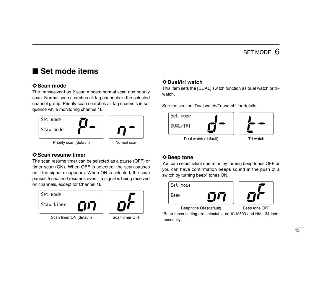 Icom IC-M503 instruction manual Set mode items, Scan mode, Scan resume timer, Dual/tri watch, Beep tone 
