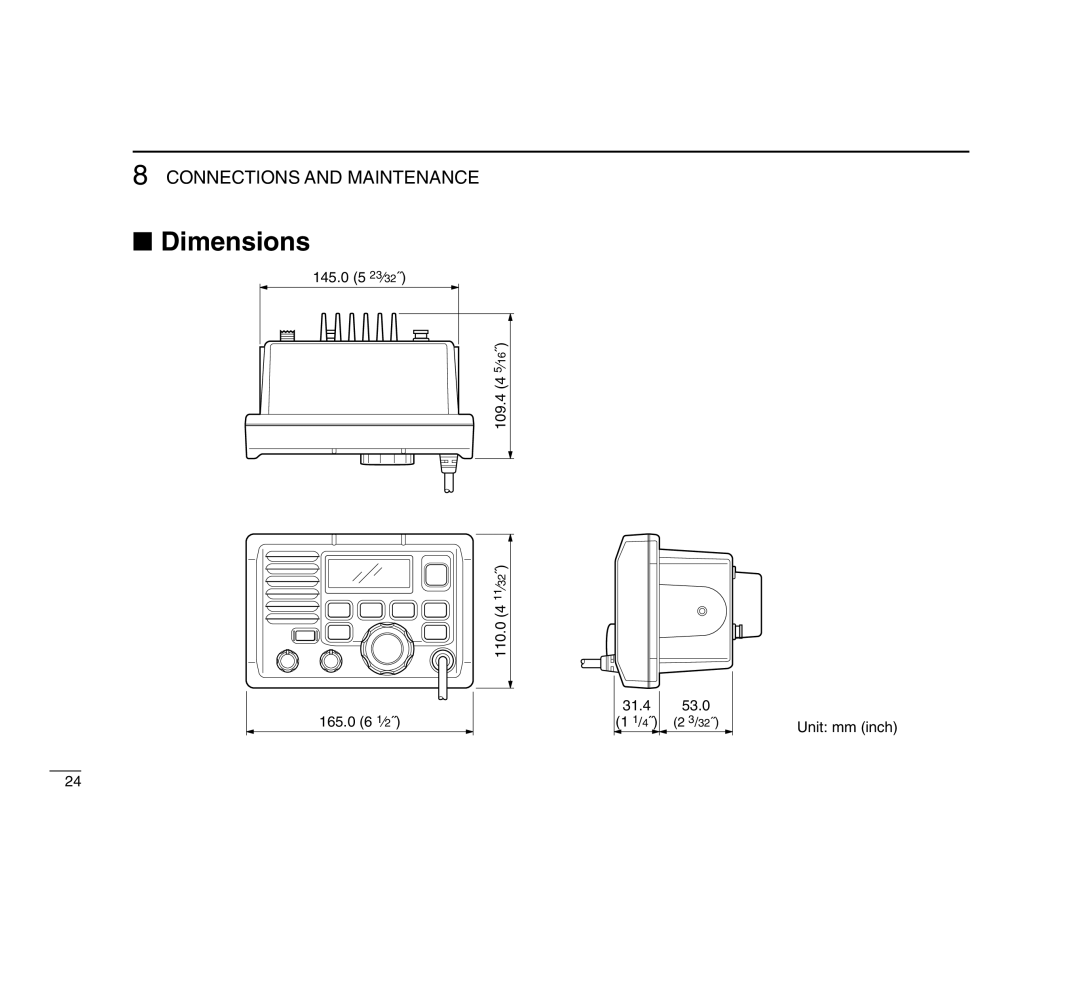 Icom IC-M503 instruction manual Dimensions, 145.0 5 23⁄32˝, 109.4 110.0 4 11⁄32˝ 165.0 6 1⁄2˝ 31.4 53.0, Unit mm inch 