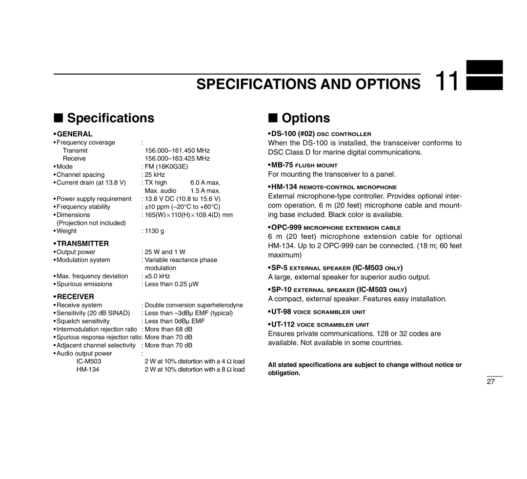 Icom IC-M503 instruction manual Specifications and Options, Speciﬁcations 