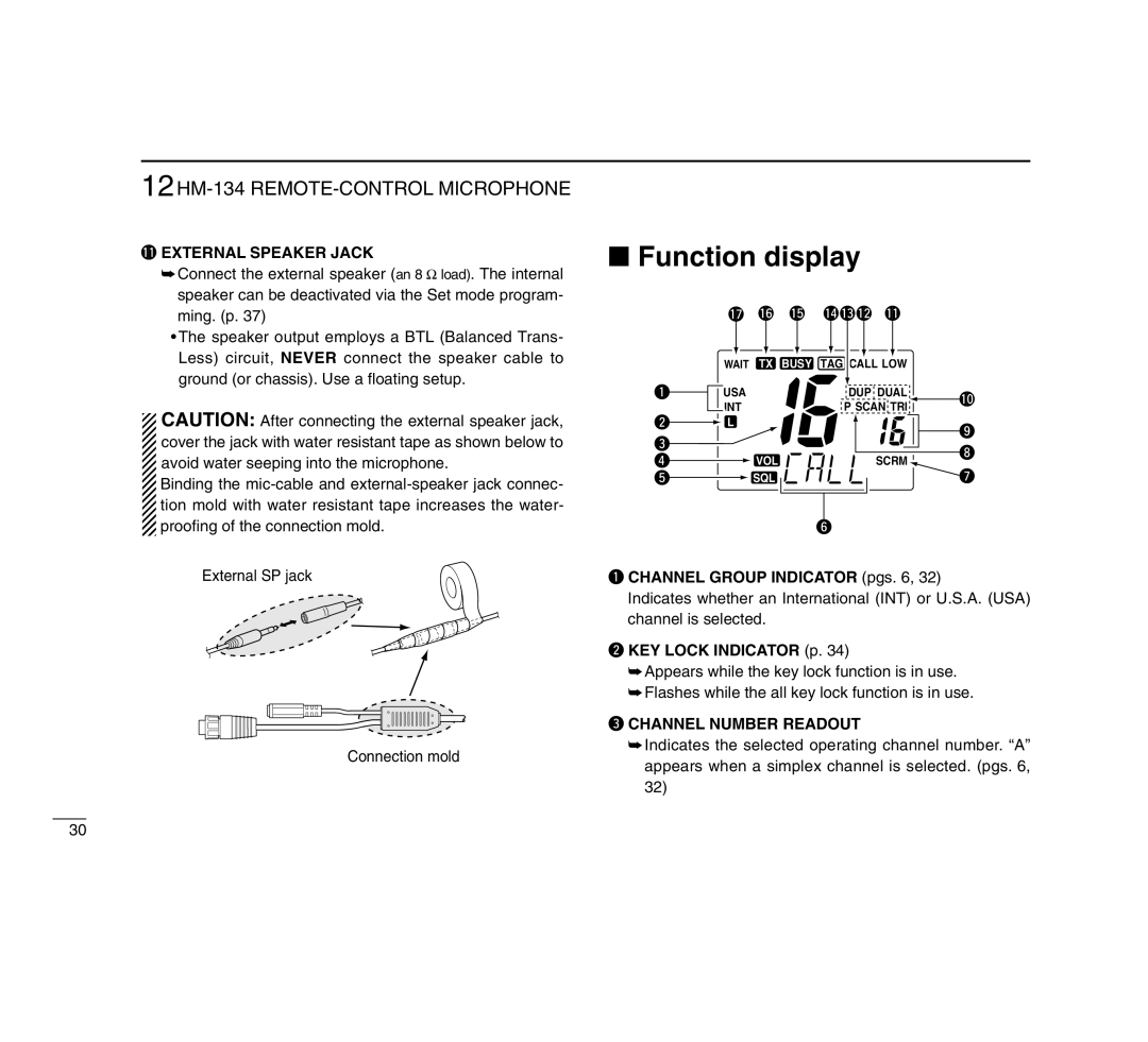 Icom IC-M503 12HM-134 REMOTE-CONTROL Microphone, 1EXTERNAL Speaker Jack, Channel Group Indicator pgs, KEY Lock Indicator p 