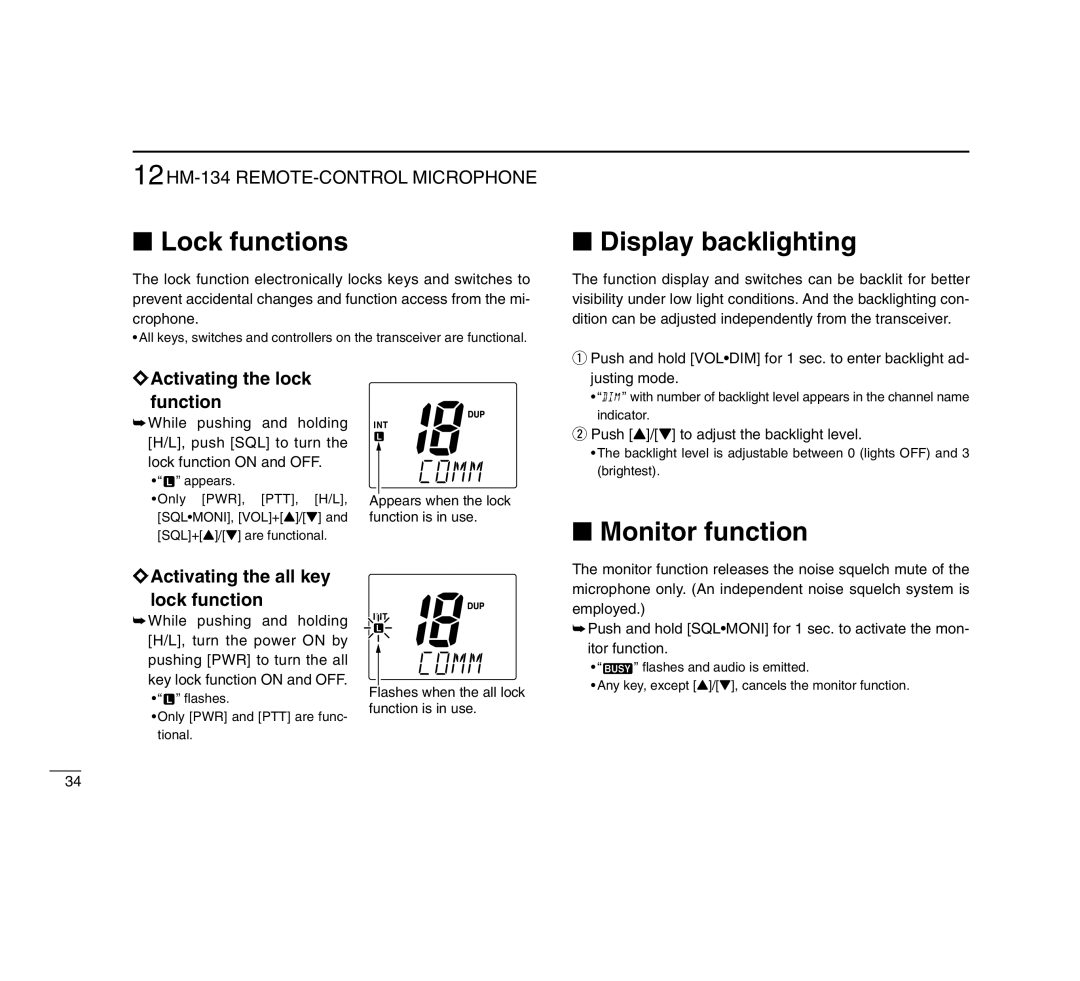 Icom IC-M503 instruction manual Lock functions, Display backlighting, Monitor function, Activating the lock function 