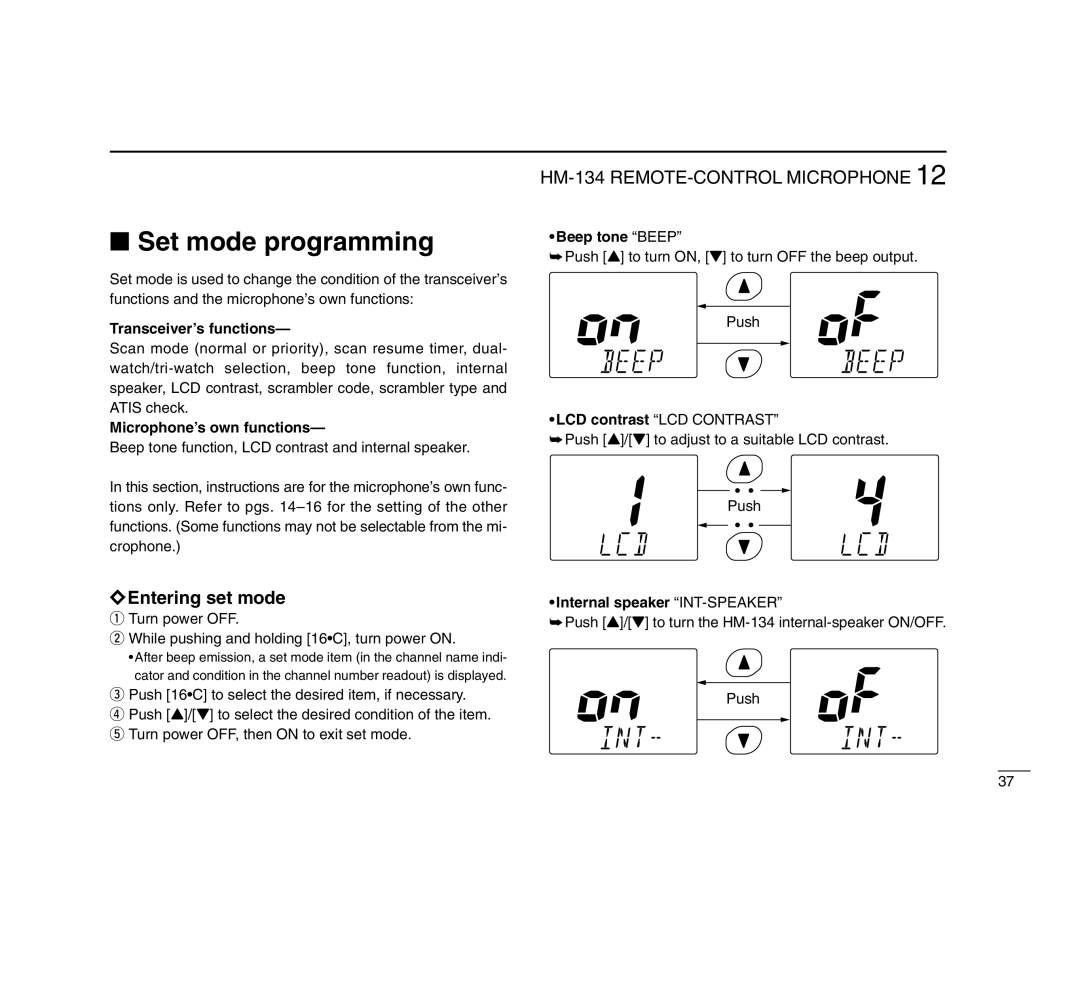 Icom IC-M503 instruction manual Entering set mode, Transceiver’s functions, Microphone’s own functions, Beep tone Beep 