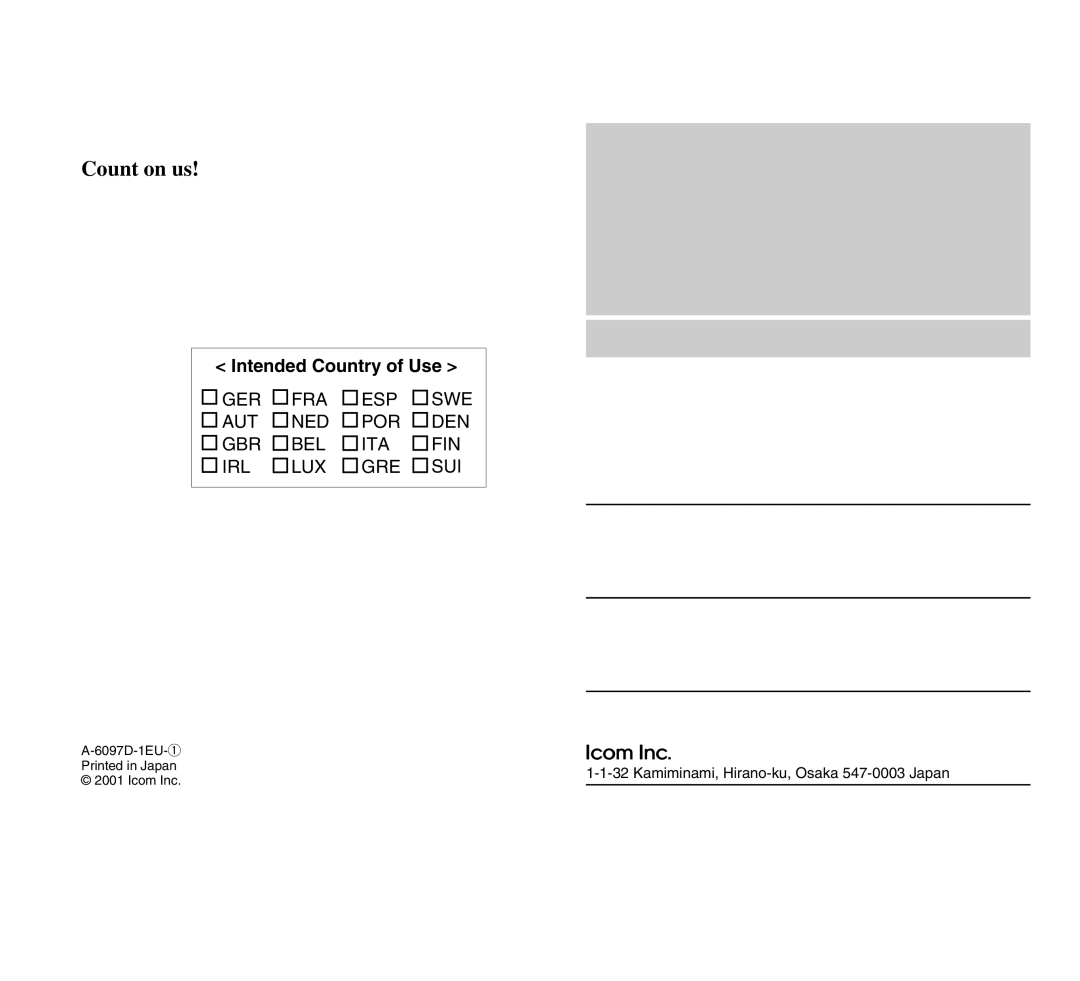 Icom IC-M503 instruction manual Intended Country of Use, Ger Fra Esp, Aut Ned Por Den Gbr Bel Ita Fin Irl Lux Gre Sui 