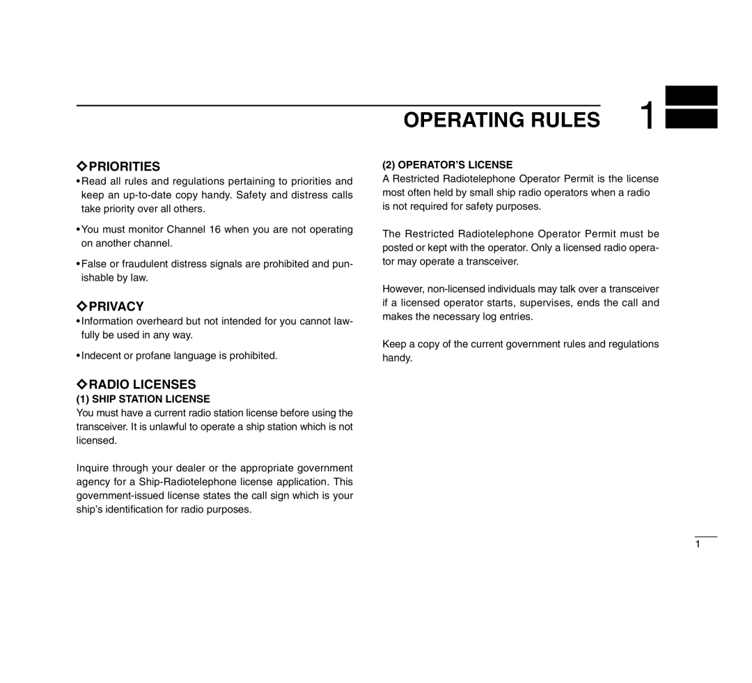 Icom IC-M503 instruction manual Operating Rules, Priorities, Privacy, Radio Licenses 