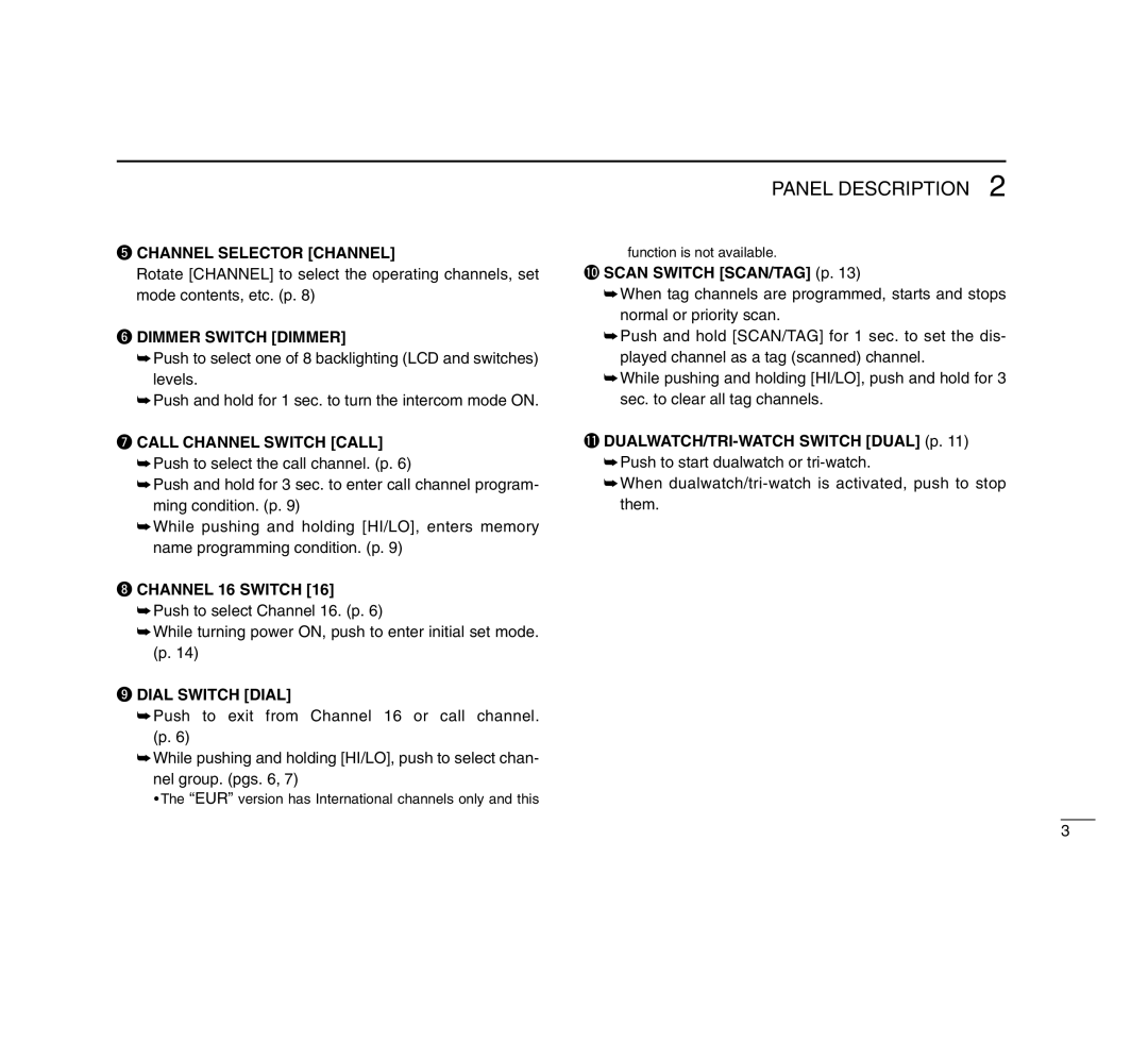 Icom IC-M503 instruction manual Panel Description 