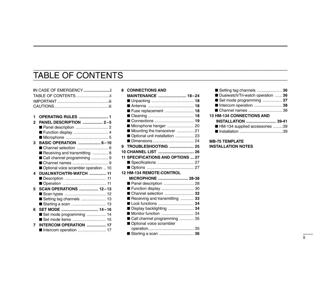 Icom IC-M503 instruction manual Table Of Contents 