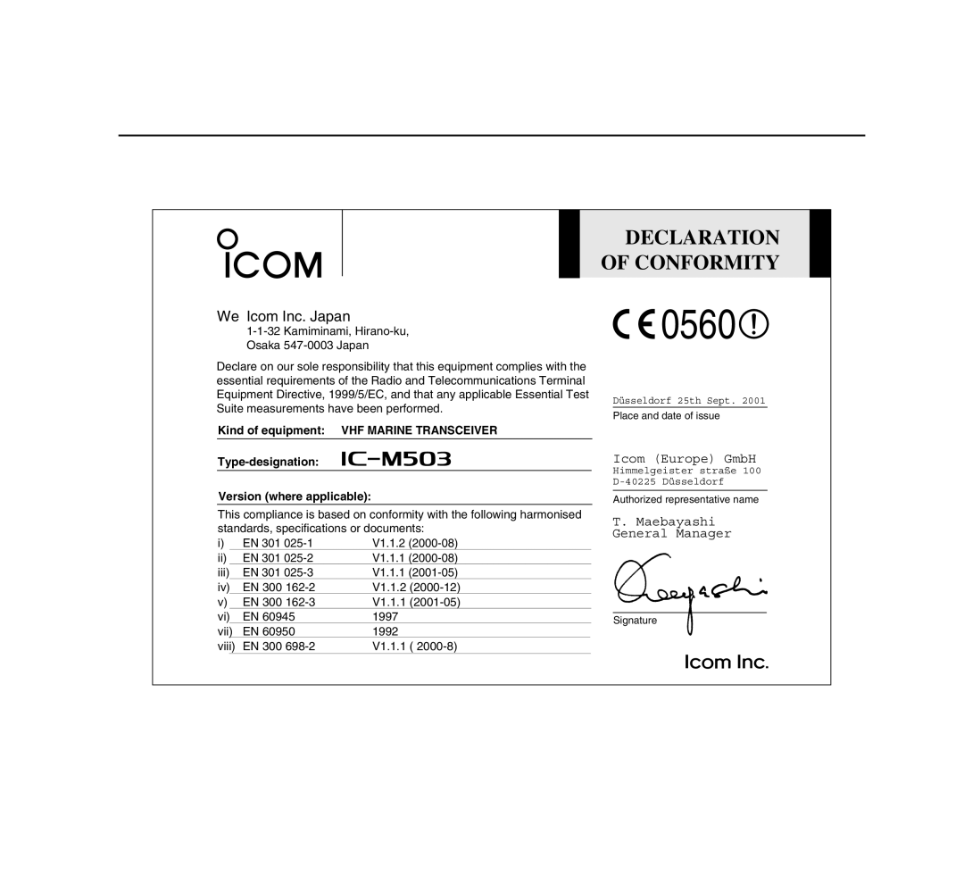 Icom IC-M503 0560, Declaration Of Conformity, We Icom Inc. Japan, Icom Europe GmbH, T. Maebayashi General Manager 