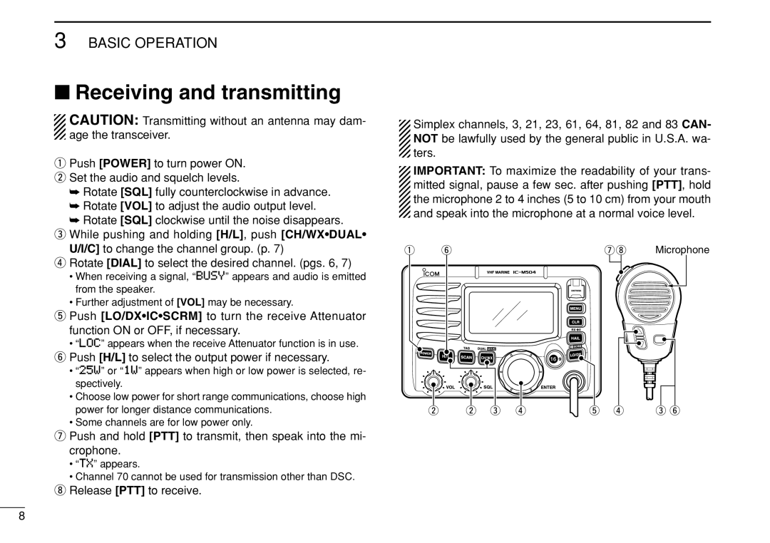 Icom IC-M504 instruction manual Receiving and transmitting 