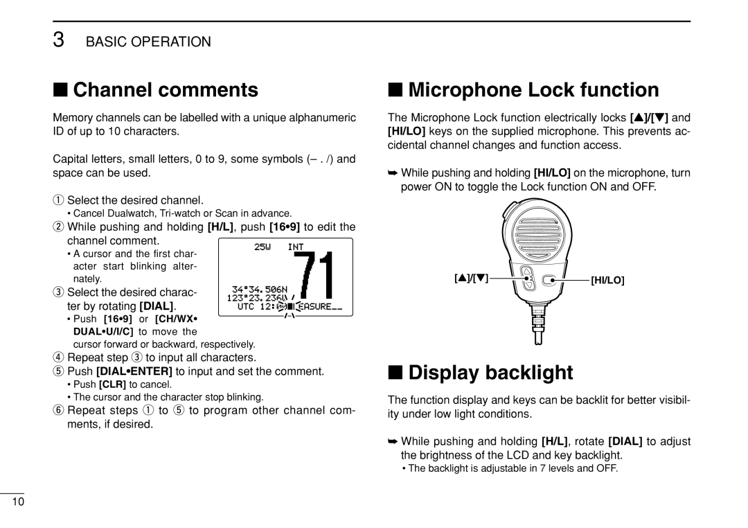 Icom IC-M504 instruction manual Channel comments, Microphone Lock function, Display backlight, Select the desired charac 