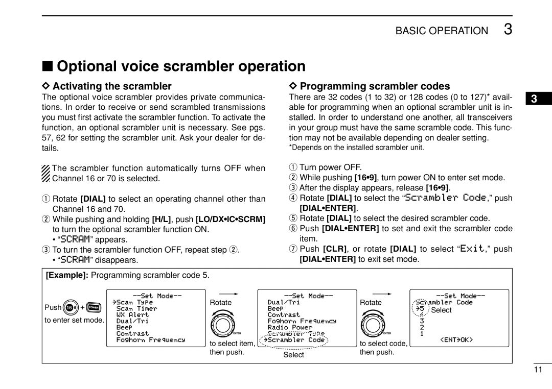 Icom IC-M504 Optional voice scrambler operation, Activating the scrambler Programming scrambler codes, Dialenter 