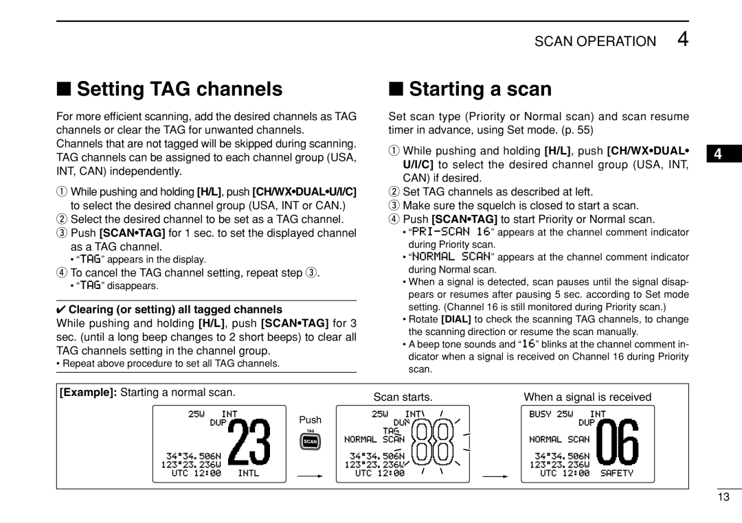 Icom IC-M504 instruction manual Setting TAG channels, Starting a scan, Clearing or setting all tagged channels 