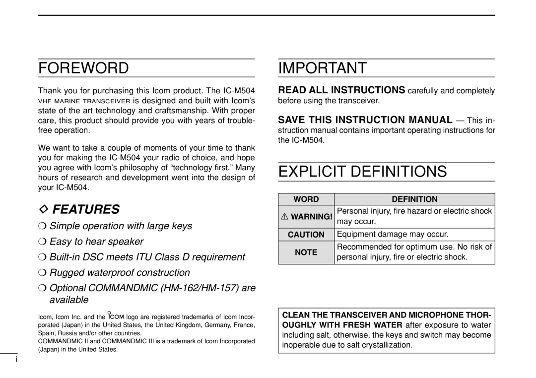 Icom IC-M504 Word Definition, May occur, Equipment damage may occur, Personal injury, ﬁre or electric shock 