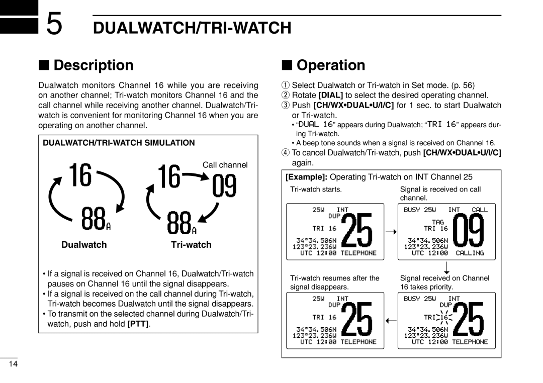 Icom IC-M504 instruction manual Dualwatch/Tri-Watch, Description, Operation, DUALWATCH/TRI-WATCH Simulation 