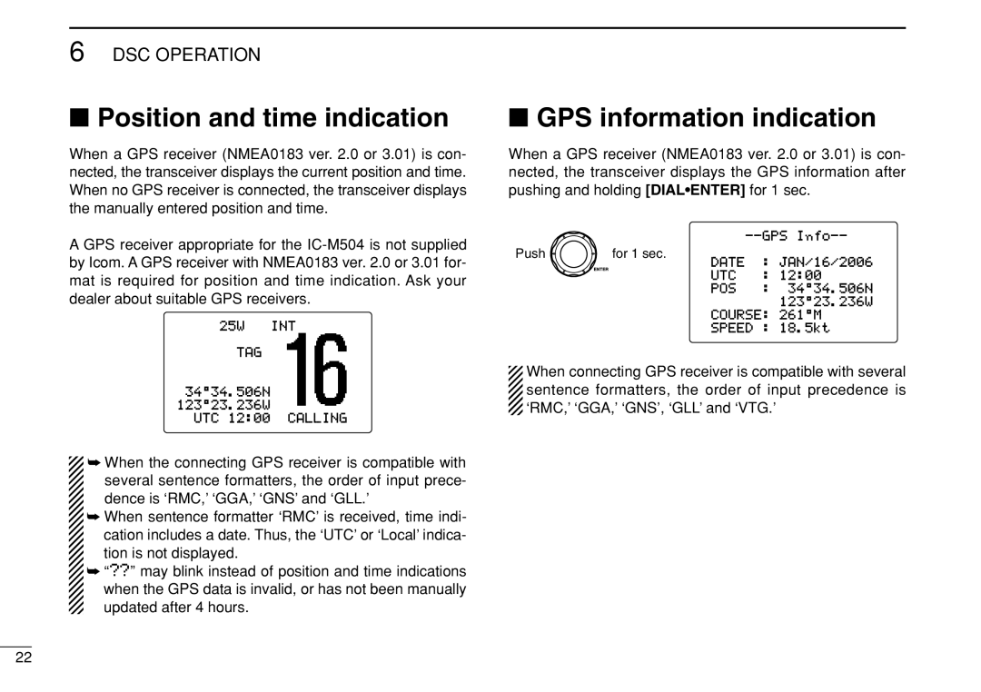 Icom IC-M504 instruction manual Position and time indication, GPS information indication 