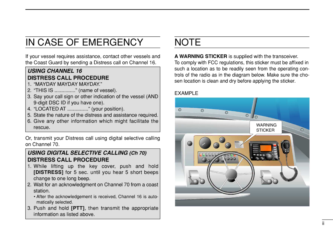 Icom IC-M504 instruction manual Case of Emergency 