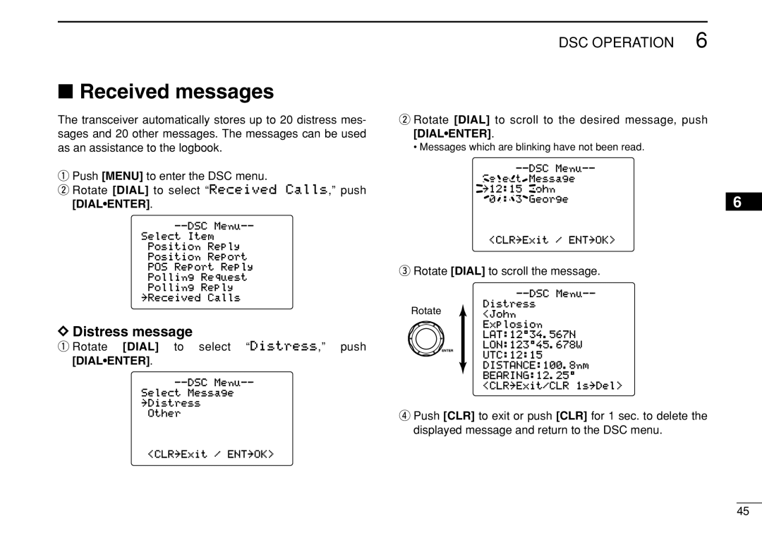 Icom IC-M504 instruction manual Received messages, Distress message, Rotate Dial to select Distress, push Dialenter 