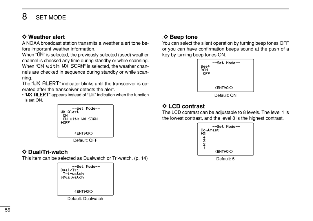 Icom IC-M504 instruction manual Weather alert, Dual/Tri-watch, Beep tone, LCD contrast 