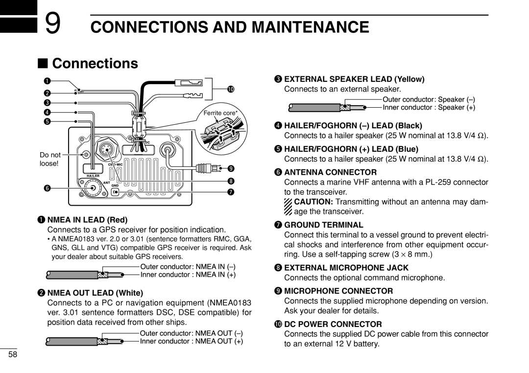 Icom IC-M504 instruction manual Connections and Maintenance, 0DC Power Connector 