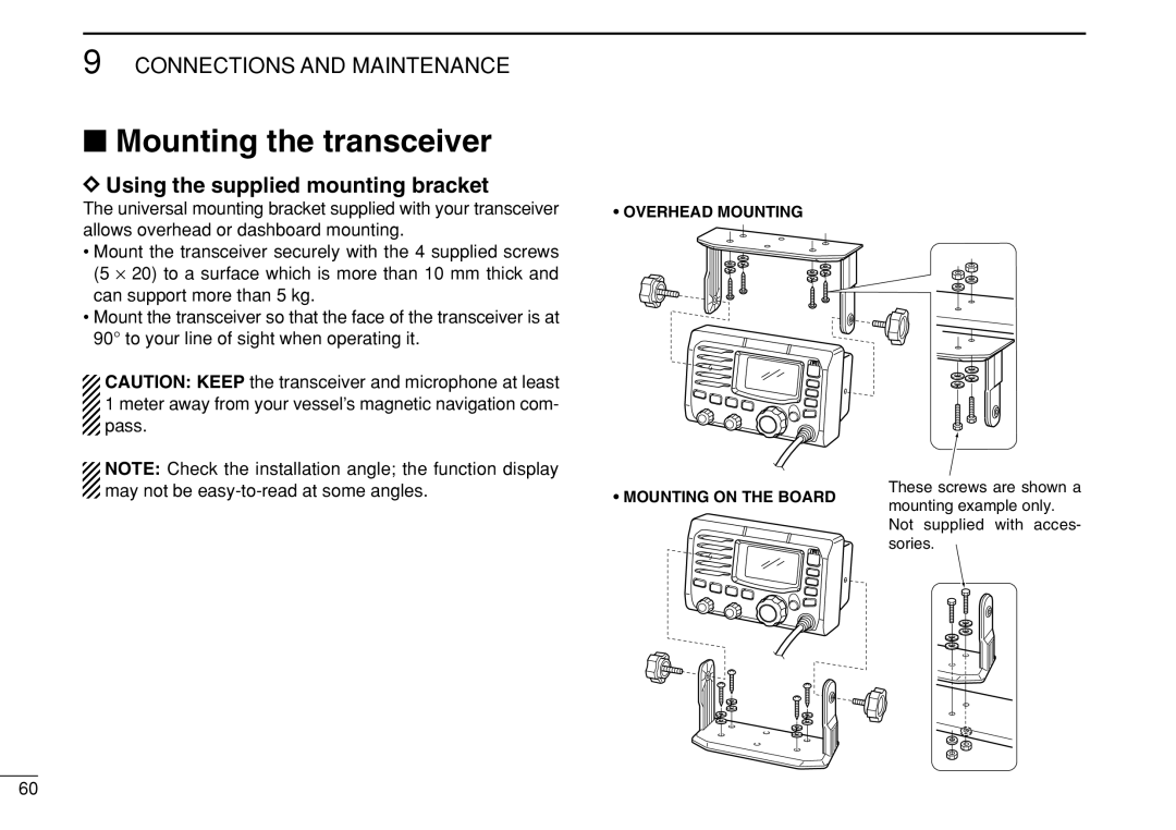 Icom IC-M504 instruction manual Mounting the transceiver, Using the supplied mounting bracket 