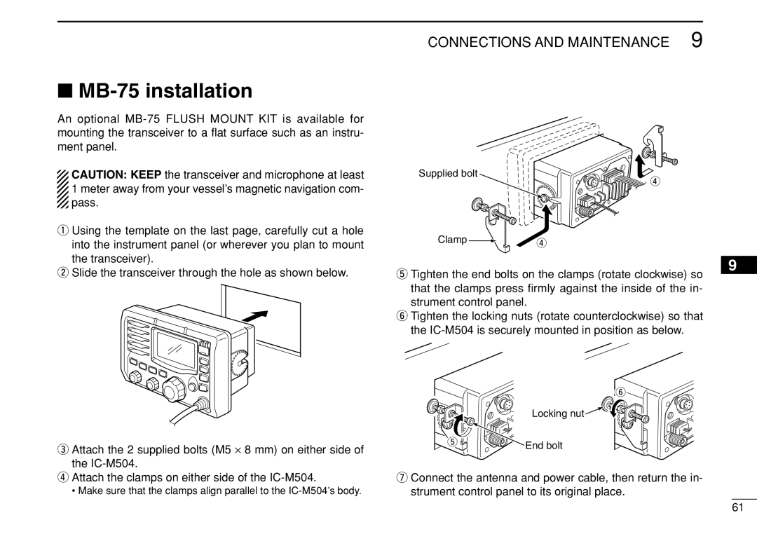 Icom IC-M504 instruction manual MB-75 installation, Tighten the end bolts on the clamps rotate clockwise so 