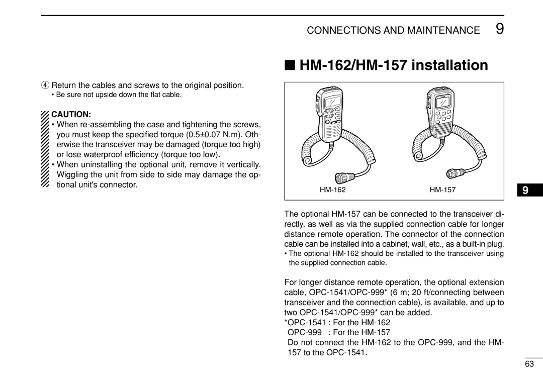 Icom IC-M504 instruction manual HM-162/HM-157 installation, Return the cables and screws to the original position 