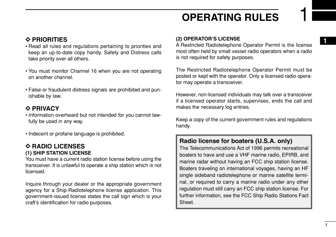 Icom IC-M504 Operating Rules, Radio license for boaters U.S.A. only, Ship Station License, OPERATOR’S License 