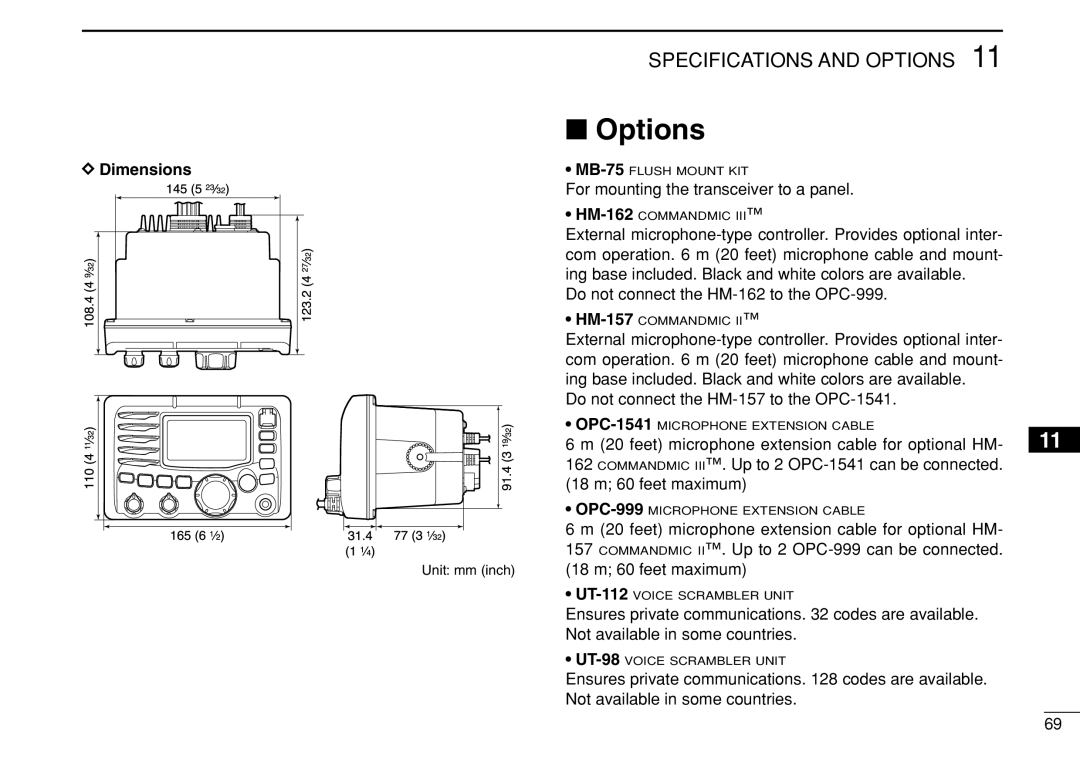 Icom IC-M504 Options, Dimensions, For mounting the transceiver to a panel, feet microphone extension cable for optional HM 