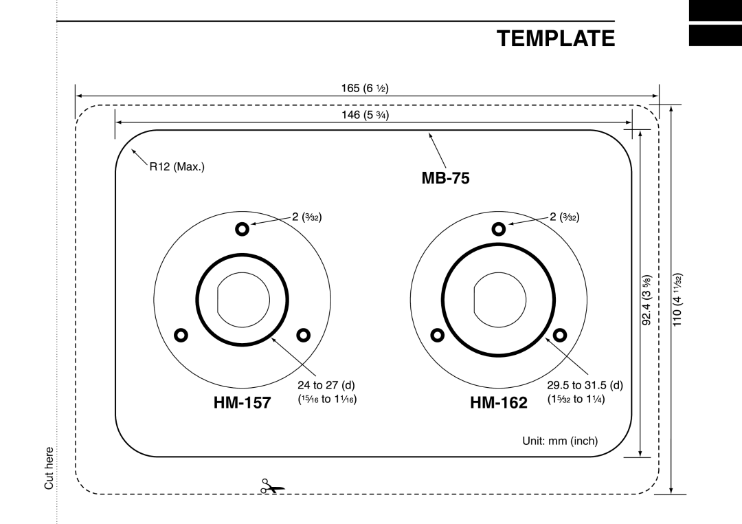 Icom IC-M504 instruction manual Template, R12 Max, Unit mm inch Cut here 