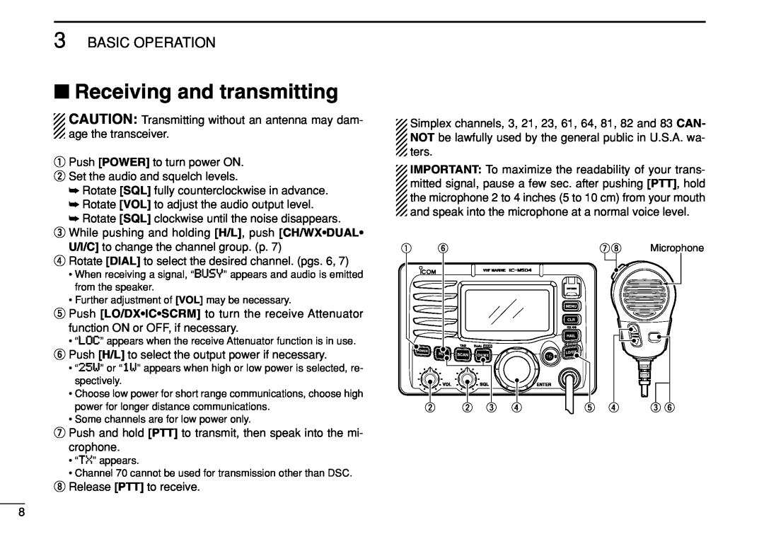 Icom IC-M504 instruction manual Receiving and transmitting, Basic Operation 