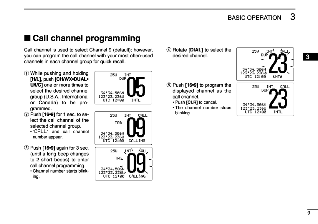 Icom IC-M504 instruction manual Call channel programming, H/L, push CH/WX•DUAL•, Basic Operation 