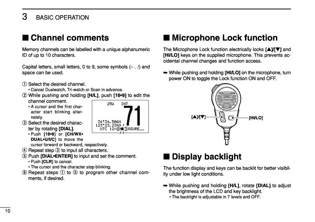 Icom IC-M504 instruction manual Channel comments, Microphone Lock function, Display backlight, Basic Operation 