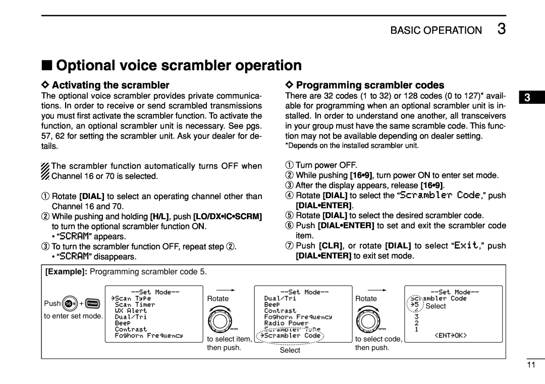 Icom IC-M504 Optional voice scrambler operation, D Activating the scrambler, D Programming scrambler codes, Dial•Enter 