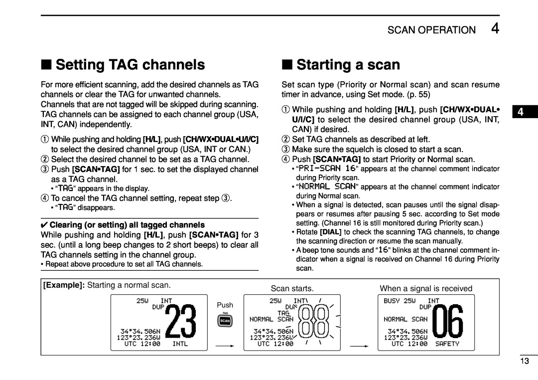Icom IC-M504 Setting TAG channels, Starting a scan, Scan Operation, Clearing or setting all tagged channels 