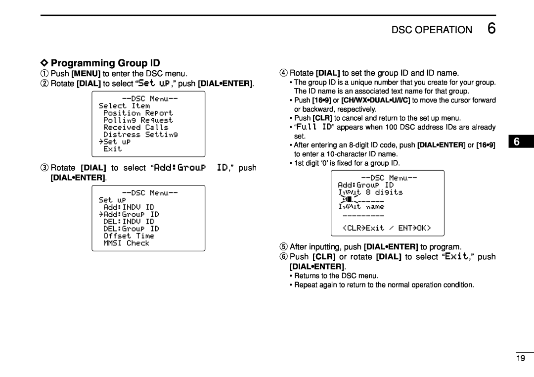 Icom IC-M504 instruction manual DProgramming Group ID, Dsc Operation, qPush MENU to enter the DSC menu 