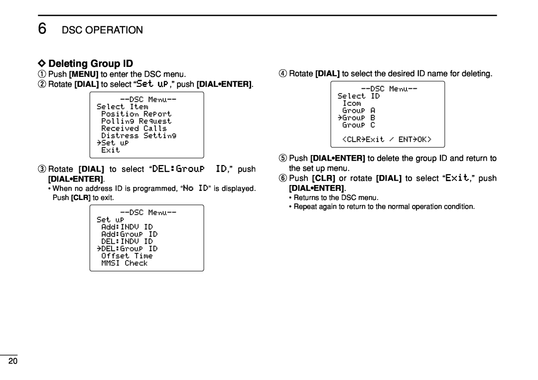 Icom IC-M504 instruction manual DDeleting Group ID, Dsc Operation 