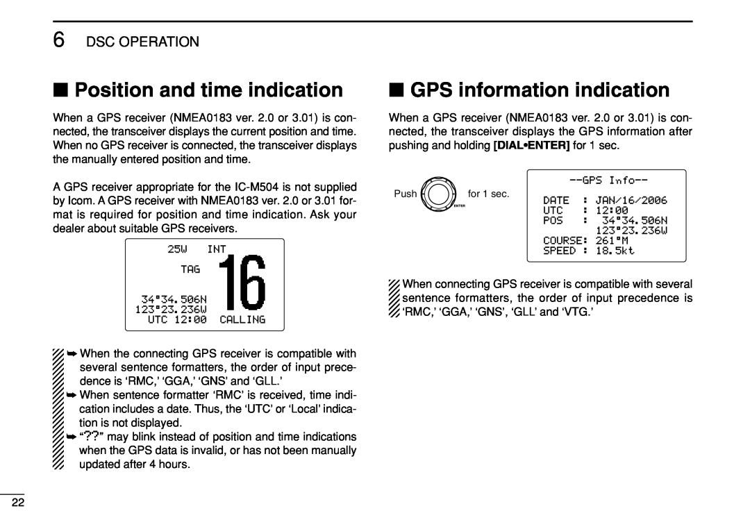 Icom IC-M504 instruction manual Position and time indication, GPS information indication, Dsc Operation 